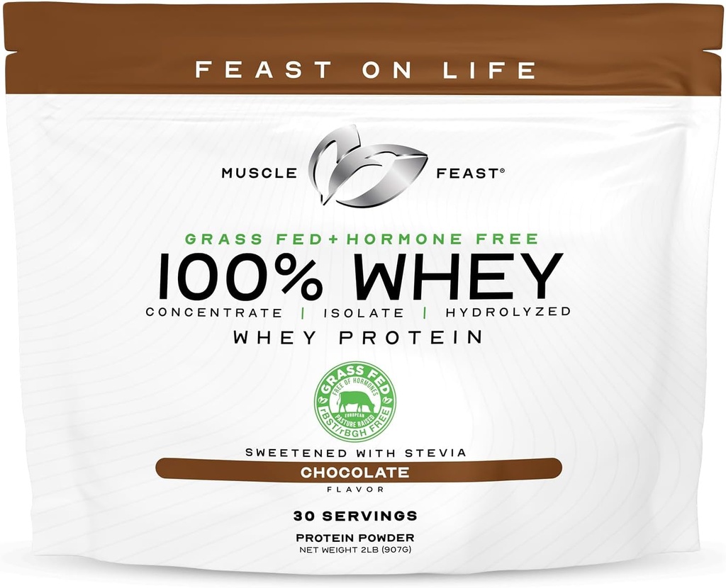 Μύες Feast 100% Grass Fed Whey Protein Powder, All Natural Hormone Free Paure Αυξημένη Whey Protein Powder για γυναίκες & άνδρες- Whey συμπυκνωμένο, Isolate & Hydrolyzed Protein Powder Blend - Σοκολάτα, 2lb
