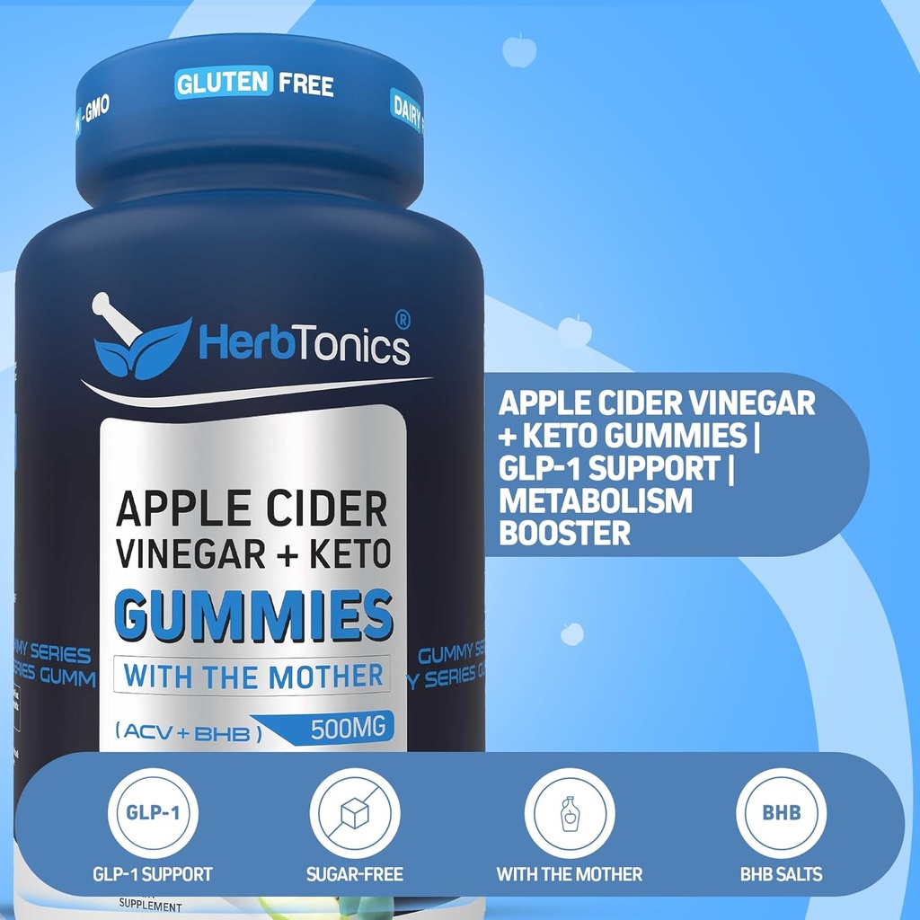 Herbtonics Keto Apple Cider Vinegar Gummies - Digestion & Detox Υποστήριξη - Χωρίς ζάχαρη BHB Προηγμένη Φόρμουλα για υποστήριξη Keto - Raw ACV με τη μητέρα - 120 Vegan ACV Gummies