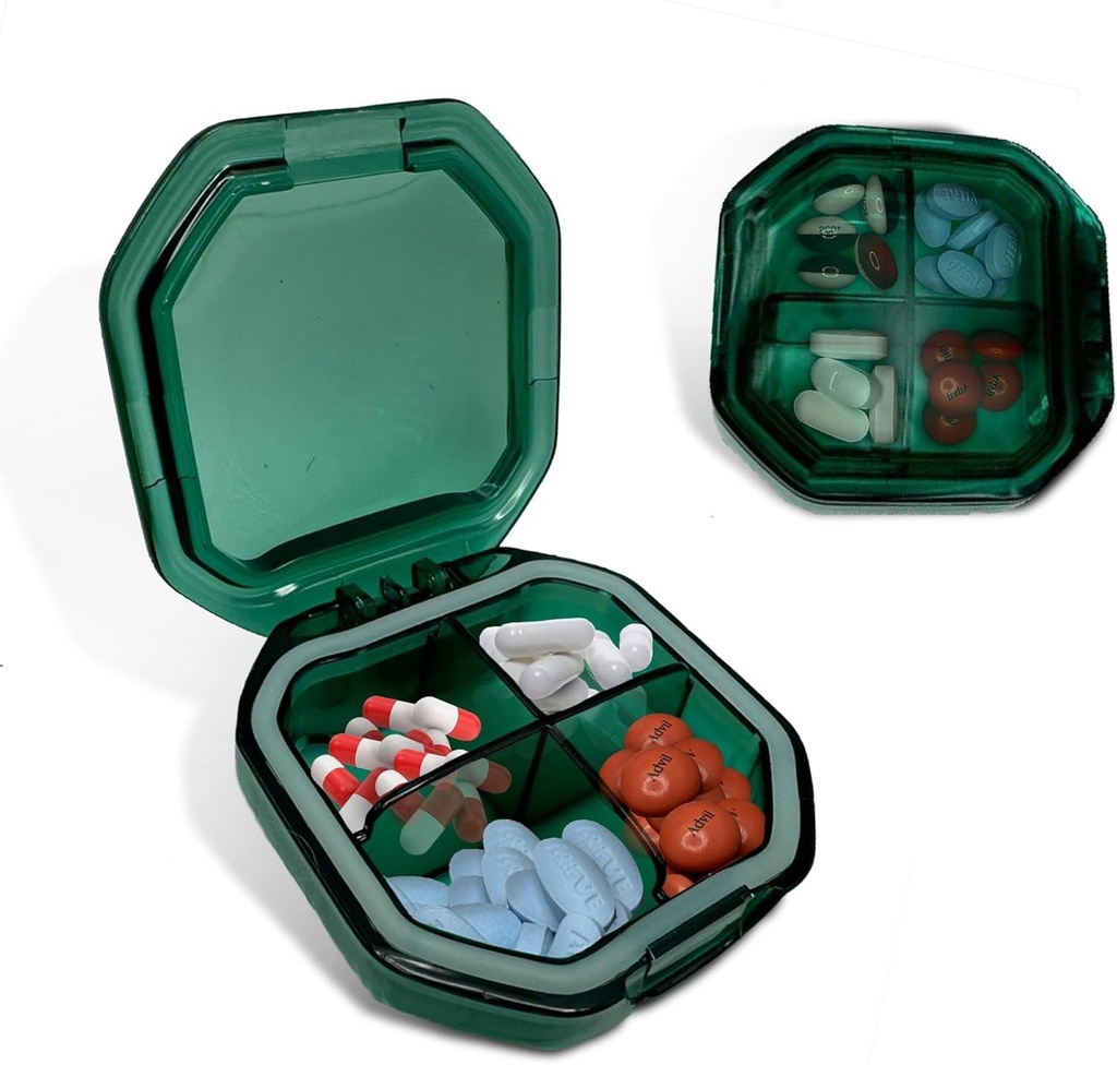 Travel Pill Organizer - Ανθεκτικό, Watertight Pill Υπόθεση Ταξιδιών Μέγεθος με 4 Διαμερίσματα - Compact Pill Travel Θήκη για Βιταμίνες, Συμπληρώματα, Ιατρική - Travel Pill Container για Αγορές (Πράσινη)
