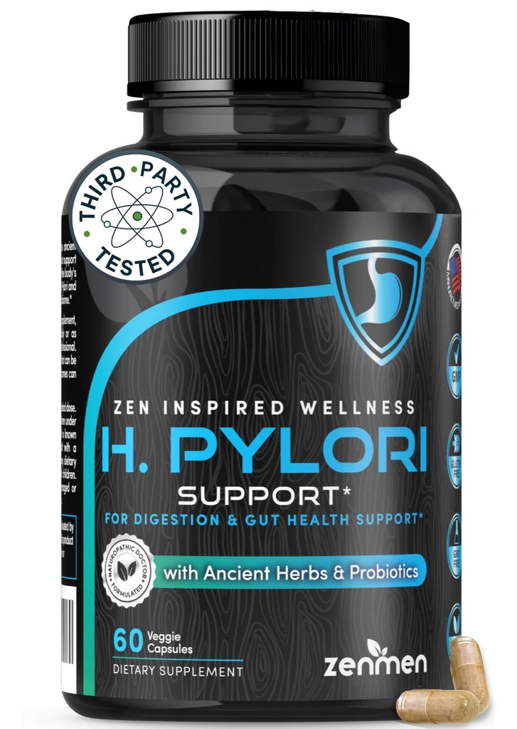 Zenmen H. Pylori Destek | Lactobacillus Reuteri Probiyotik with Mastic Gum for Digestion & GI Health - Üçüncü Parti Test Edildi, 60 Vegan Capsules, ABD'de Yapılan