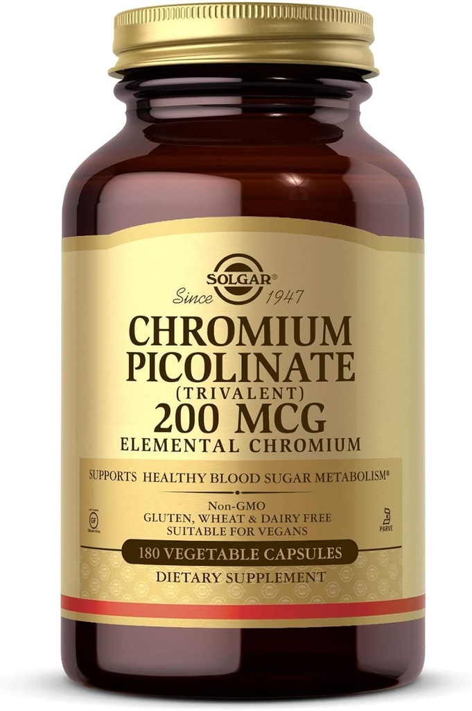 Solgar Chromium Picolinate 200 mcg, 180 κάψουλες λαχανικών - Υποστηρίζει υγιή ζάχαρη αίματος Μεταβολισμός - Μη ΓΤΟ, Vegan, Χωρίς γλουτένη, Χωρίς γαλακτοκομικά, Kosher - 180 Σερβίρει