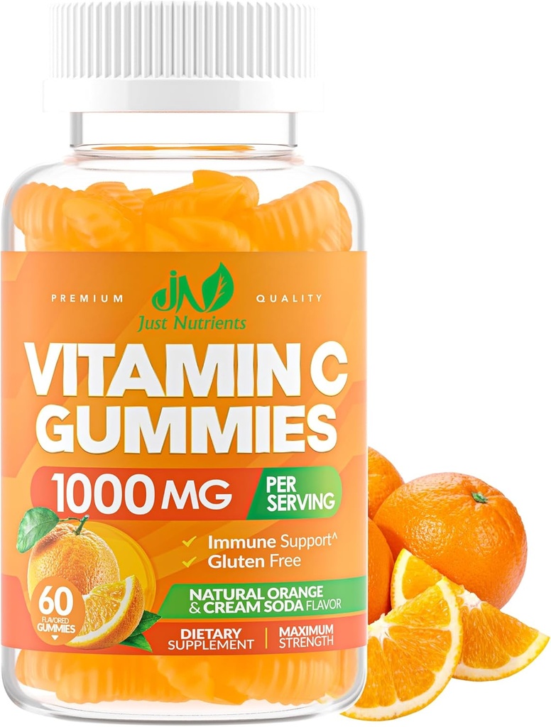 Βιταμίνη C Gummies 1000mg για ενήλικες & παιδιά – Μασώμενη πολυβιταμίνη με ψευδάργυρο για ανοσοποιητικό σύστημα & κολλαγόνο Υποστήριξη για το δέρμα – Πορτοκαλί Γεύση – Χωρίς γλουτένη, Μη ΓΤΟ, Χορτοφαγικά – 60 Gummies