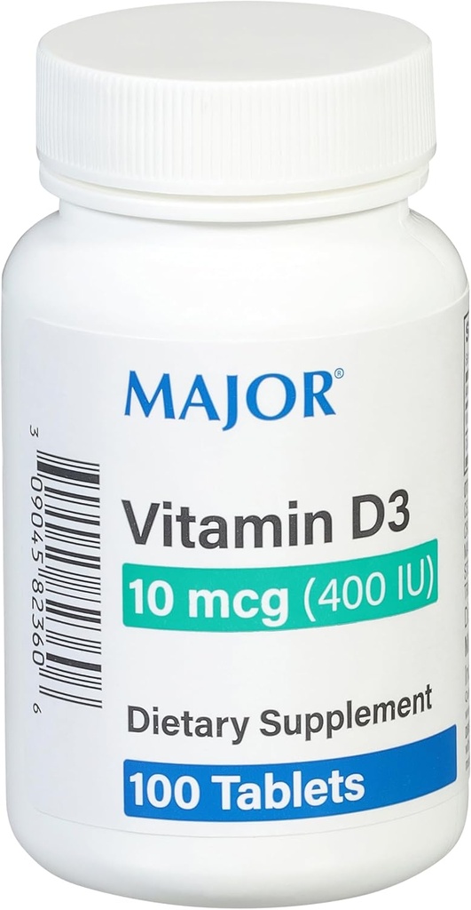 MAJOR Vitamin D3 10mcg (400 IU) - 25 mg ofba - Diyetsel Tamam - 100 Tablet (1 Pack)