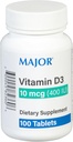 MAJOR Vitamin D3 10mcg (400 IU) - Contains 25mg of Calcium - Dietary Supplement - 100 Tablets (1 Pack)