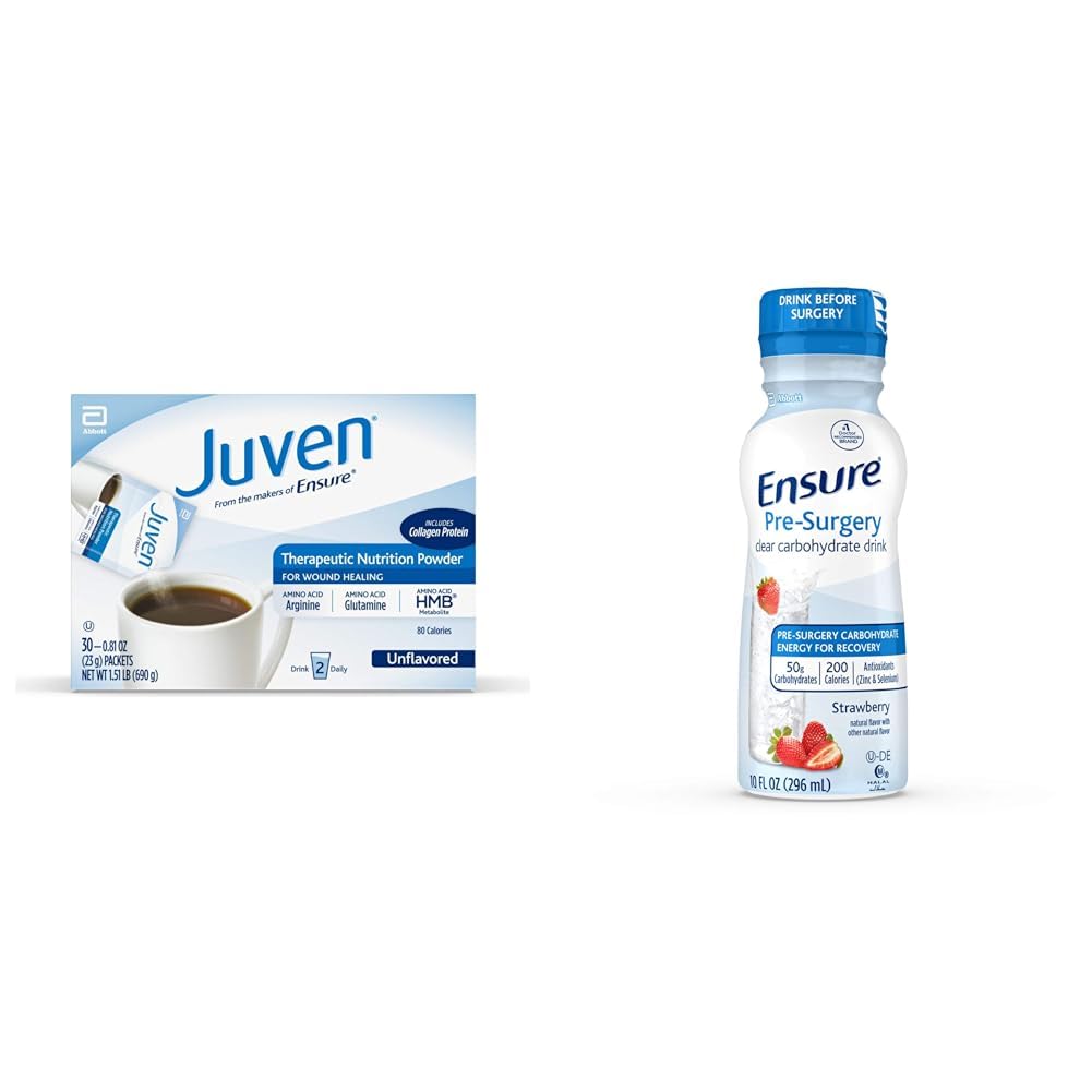 Ενηλίκων Θεραπευτική Διατροφή Drink Mix Σκόνη για Υποστήριξη Θεραπείας Τραυμάτων, περιλαμβάνει πρωτεΐνη κολλαγόνου, Αγεύση, 30 Count & Εξασφαλίστε Προ-χειρουργική, Clear Carbohydrate Drink, Φράουλα, 10 Fl Oz (Pack of 4)