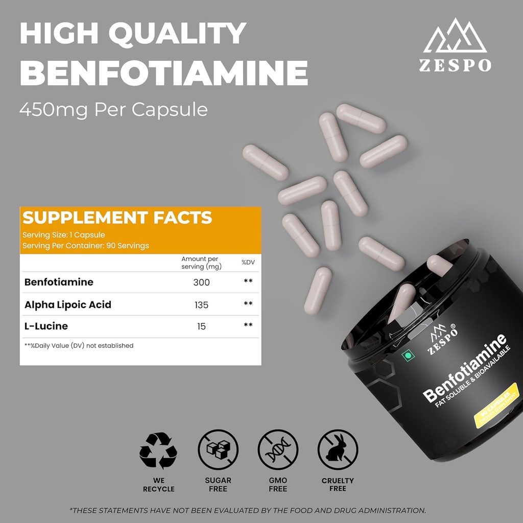 Μπενφοτιαμίνη 450mg – 90 Κάψουλες, Υποστηρίγματα Κυτταρικής Υγείας με Άλφα Λιποϊκό οξύ & L-λευκίνη, Καθημερινή Διατροφική & Ευεξία Φόρμουλα