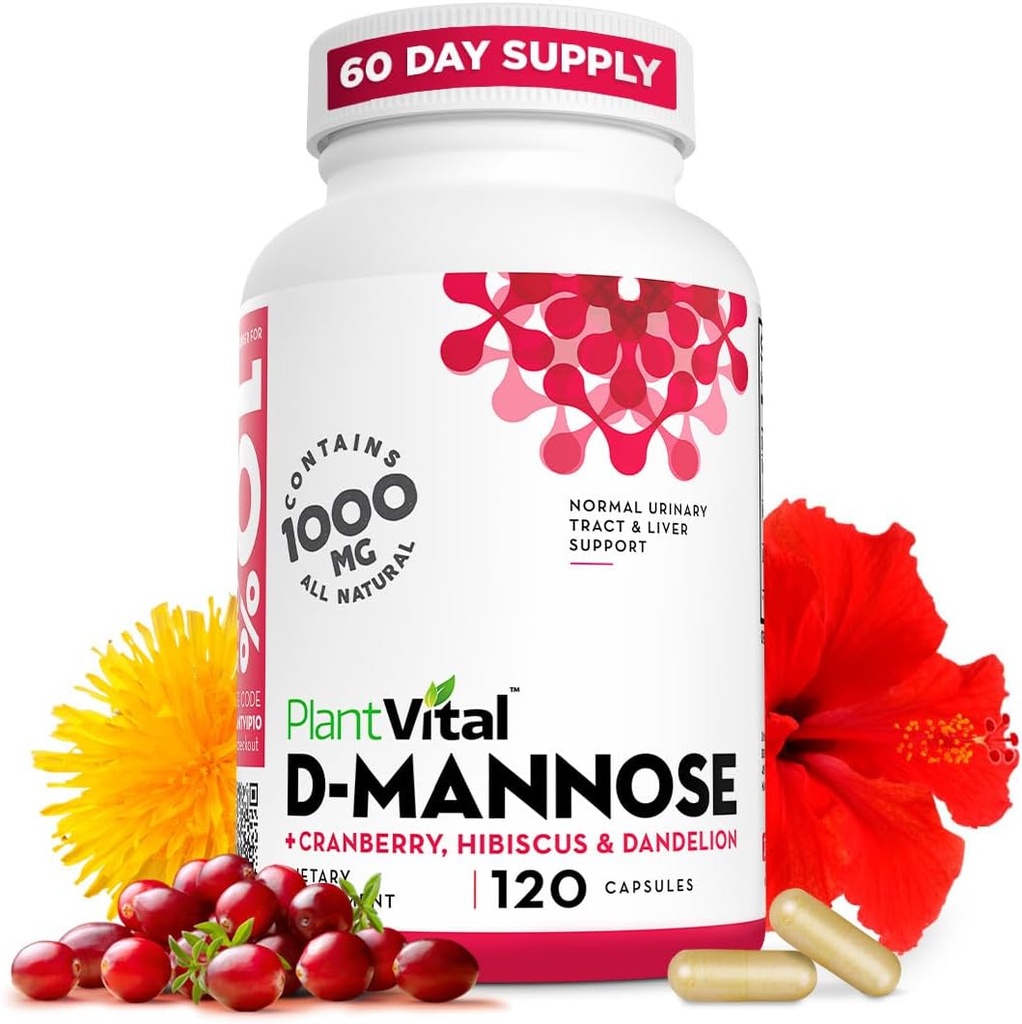 Plantvital D Mannose Capsules with Cranberry - D-mannose 1000 mg Capsules - Bladder, Kidney ve Urinary Tract Support için yüksek Potency. Hibiscus ve Dandelion ile Cranberry Toz. 2 Ay Supply
