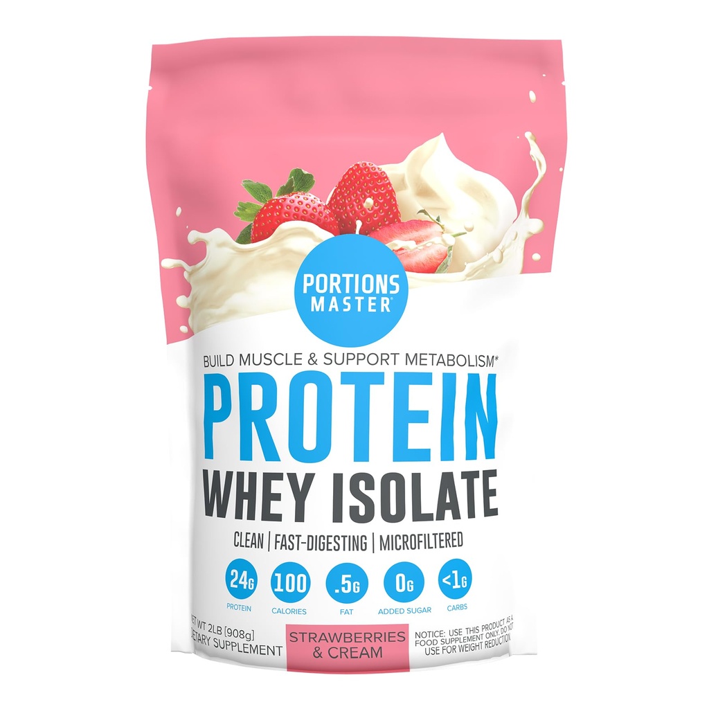 Portions Master CFM Whey Isolate Protein Toz, 2 LB, 23g Low Carb, Low Fat, Cold-Processed, Fast Absorbing, Muscle growth & Recovery Support (Strawberries & Cream)