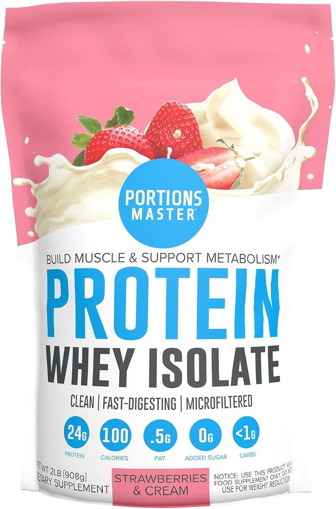 Portions Master CFM Whey Isolate Protein Toz, 2 LB, 23g Low Carb, Low Fat, Cold-Processed, Fast Absorbing, Muscle growth & Recovery Support (Strawberries & Cream)