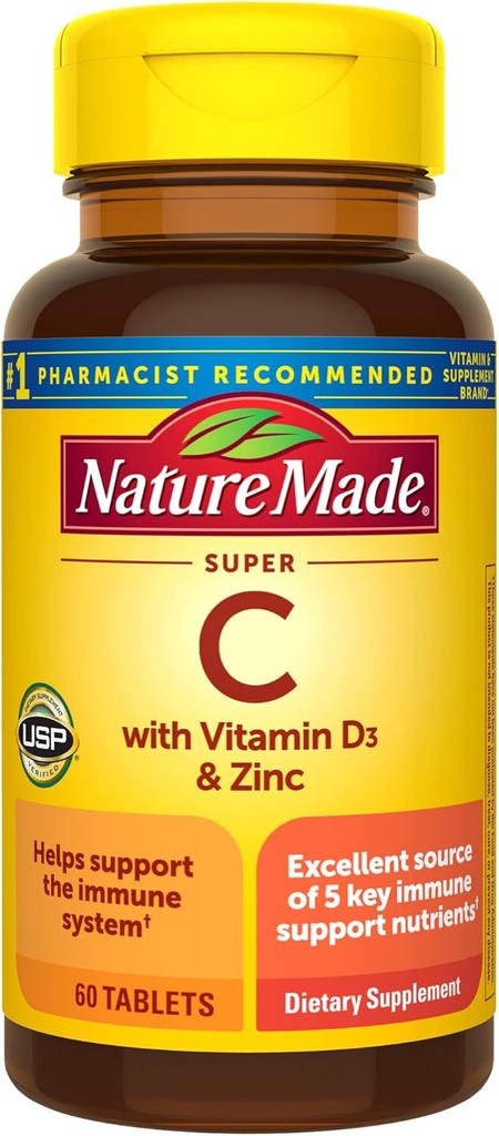 Nature Made Super C in Vitamin D3 ve çinko, Diyetsel Supplement for Immune Support, 60 Tablet, 60 Gün Supply