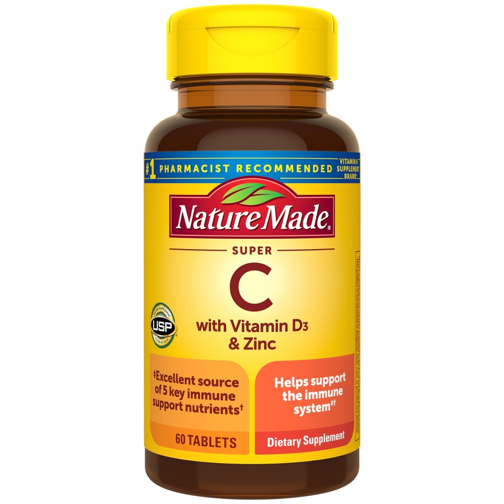 Nature Made Super C, Vitamin C ve çinko with Vitamin D3, Diyetsel Supplement for Immune Support, 60 Tablet, 60 Gün Supply