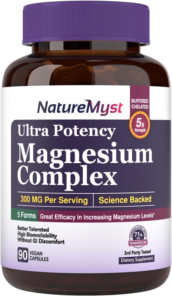 Magnezyum Kompleksi, 300 mg Elemental Magnezyumal, Glycinate, Citrate, Malate, High Potency, En İyi Apsiyon, Kas, Nerve, Heart, Sleep, Constipation & More, 90 Vegan Caps