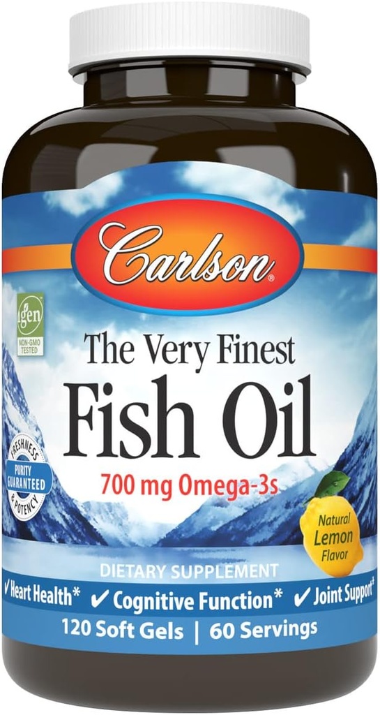 Carlson - The Very Finest Fish Oil, 700 mg Omega-3s, Norveç Fish Oil Supplement, Wild Caught Omega-3 Fish Oil, Sustainable Sourced Fish Oil Capsules, Omega 3 Supplement, Lemon, 120 Softgels