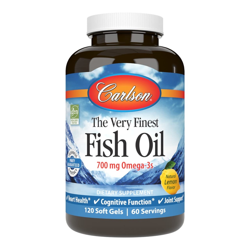 Carlson - The Very Finest Fish Oil, 700 mg Omega-3s, Norwegian Fish Oil Supplement, Wild Caught Omega-3 Fish Oil, Sustainablely Soured Fish Oil Caps, Omega 3 Supplement, Lemon, 120 Softgels