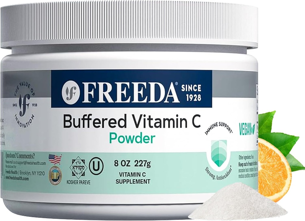 FREEDA Buffered Vitamin C σε σκόνη (Calcium Ascorbate) – Μη Ακιδική, Στομαχόφιλη βιταμίνη C για ευαίσθητα άτομα – Vegan, Kosher, χωρίς ζάχαρη ανοσοποιητική υποστήριξη – 8 oz