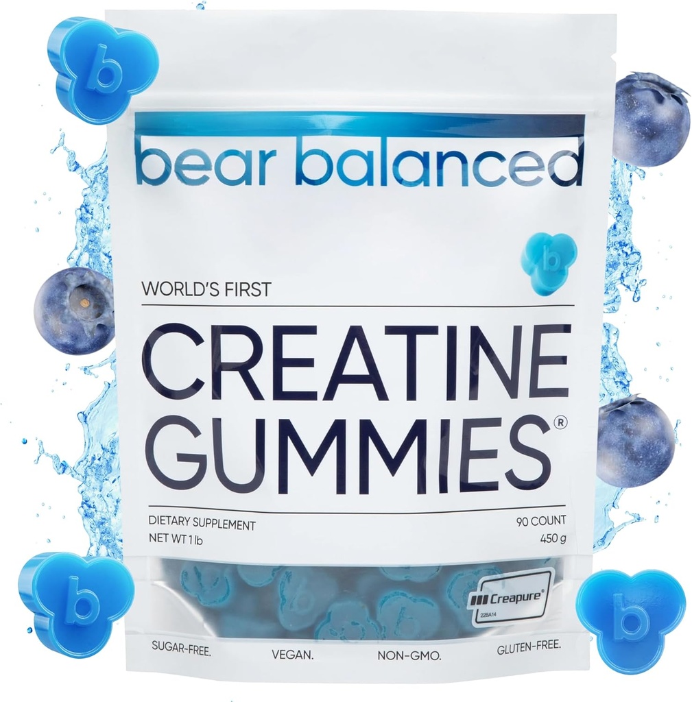 Bear Balanced Creatine Gummies for Men & Women - Creapure® Creatine Monohydrate, L-Θεανίνη, L-Τυροσίνη & B12 για την ανάπτυξη των μυών, δύναμη, εστίαση, ενέργεια & υγεία - χαμηλή θερμίδα, ζάχαρη-ελεύθερο, & Vegan
