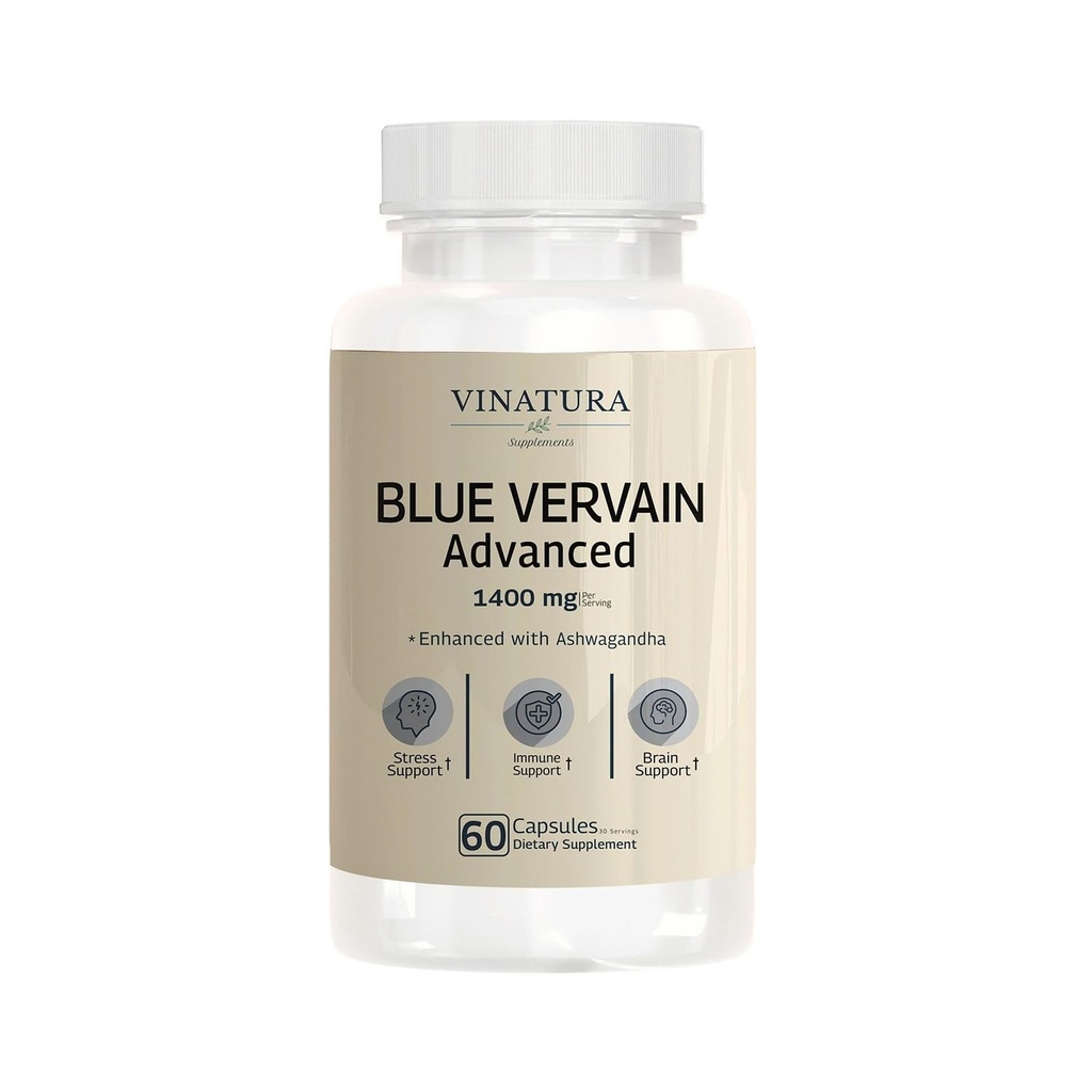 VINATURA Blue Vervain Advanced with Ashwagandha - 1400 mg per serv, Blue Vervain Capsules, Blue Vervain Tea Alternative, Brain Health, Stress Relief, Ashwagandha Supplements - 60 Capsules