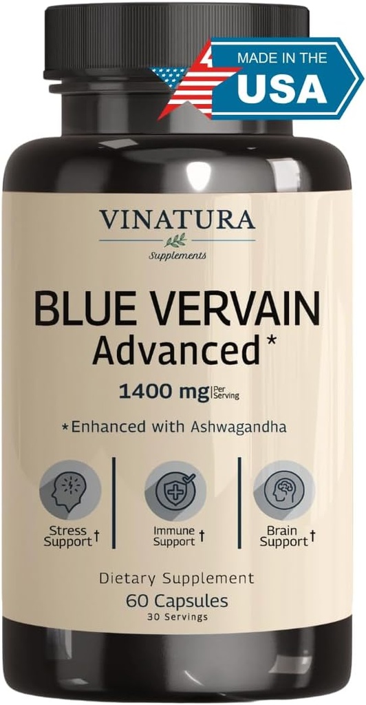 VINATURA Blue Vervain Advanced with Ashwagandha - 1400 mg per serv, Blue Vervain Capsules, Blue Vervain Tea Alternative, Brain Health, Stress Relief, Ashwagandha Supplements - 60 Capsules