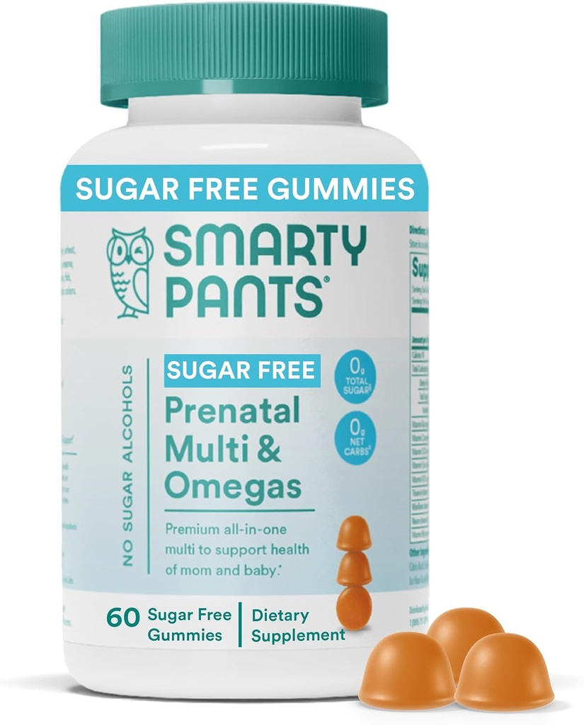 SmartyPants Prenatal Vitamins for Women, Sugar Free Multivitamin Gummies: Metilfolate, Omega 3 (ALA) Vitamin D3, C, B12, B6, A, K & çinko, Inositol, Erythritol Free, 60 (20 Day Supply)