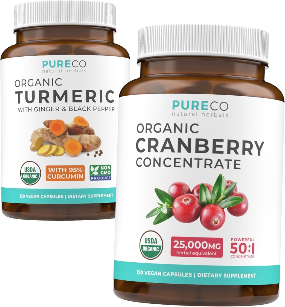 Turmeric & Cranberry Concentrate (4-Month Supply) Cranberry Curcumin Bundle of Organic Turmeric Curcumin with Black Pepper & Ginger (120 Caps) & Organic Cranberry Concentrate 50:1 Extract (120 Caps)