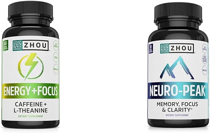 Zhou Caffeine 100 mg L-Theanine 200 mg Nootropic 60 Capsules and Neuro Peak Brain Support DMAE Bacopa 30 Capsules