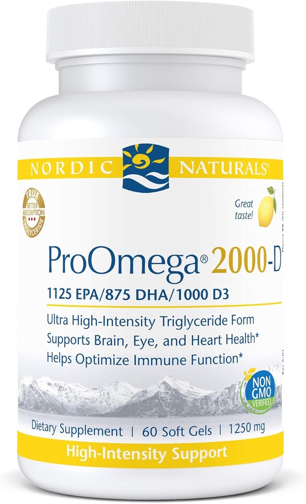 Nordic Naturals ProOmega 2000-D - Fish Oil, 1125 mg EPA, 875 mg DHA, 1000 IU Vitamin D3, Cardiovascular, Nöroloji, Eye ve Immune Health, Lemon Flavor, 60 Soft Gels