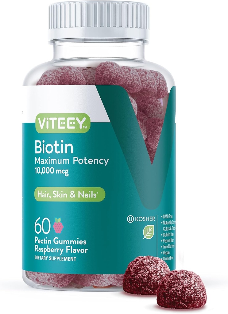 Saç Cilt ve Çiçeği için Viteey Biotin Gummies - Saç Büyüme Gummies için Biotin - 10.000 mcg - Vegan, Gluten-Free, Non-GMO - 60 Count Count