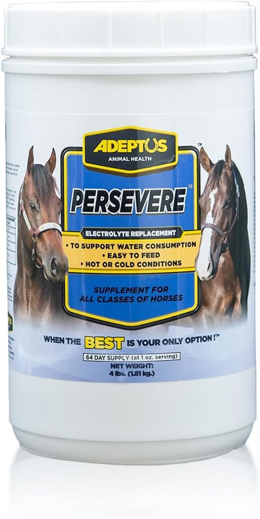 Adeptus Διατροφή Persevere Electrolyte συμπλήρωμα για όλες τις κατηγορίες των αλόγων, Υποστηρίζει την ενυδάτωση, Ισορροπημένη Φόρμουλα για την αντικατάσταση ιδρώτα, Προβιοτική Yeast Base, Easy-Feed Powder, 4 Lbs