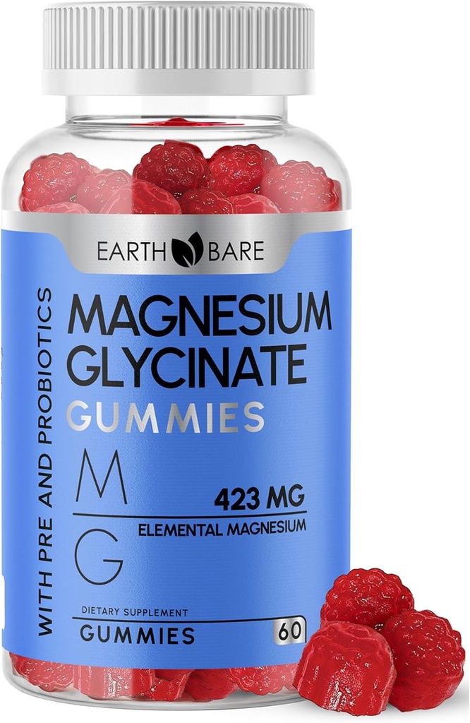 Magnezyum Glycinate Gummies - Yüksek Potency Magnezyum Supplement with maximum 423 mg of Elemental Magnezyum, Pre and Probiyotiks | Magnezyum Bisglycinate for Superior Health Support | 60 Count
