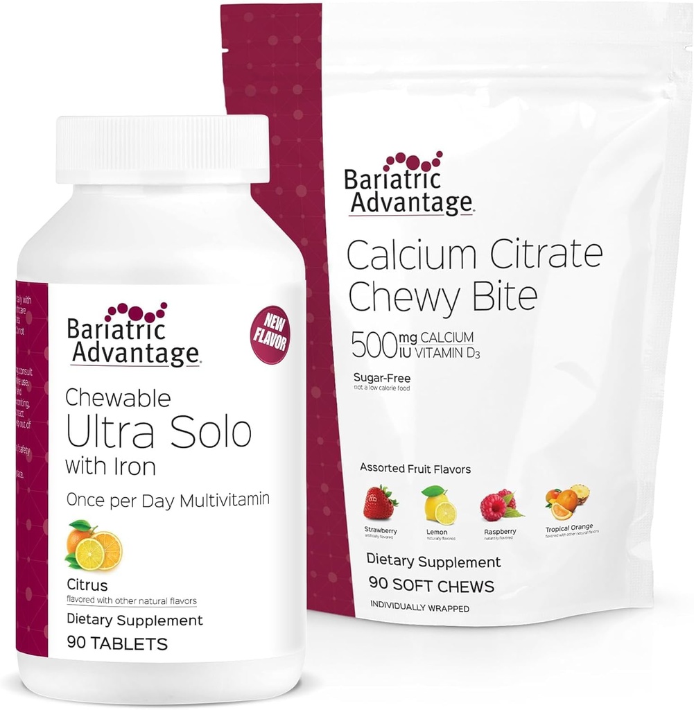 Βαριατρικό Πλεονέκτημα Μασώμενο Ultra Solo με Σιδήρου - Εσπεριδοειδή, 30 Count and Calcium Citrate Chewy Bites 500 mg - Ποικιλία άρωμα φρούτων,90 Count