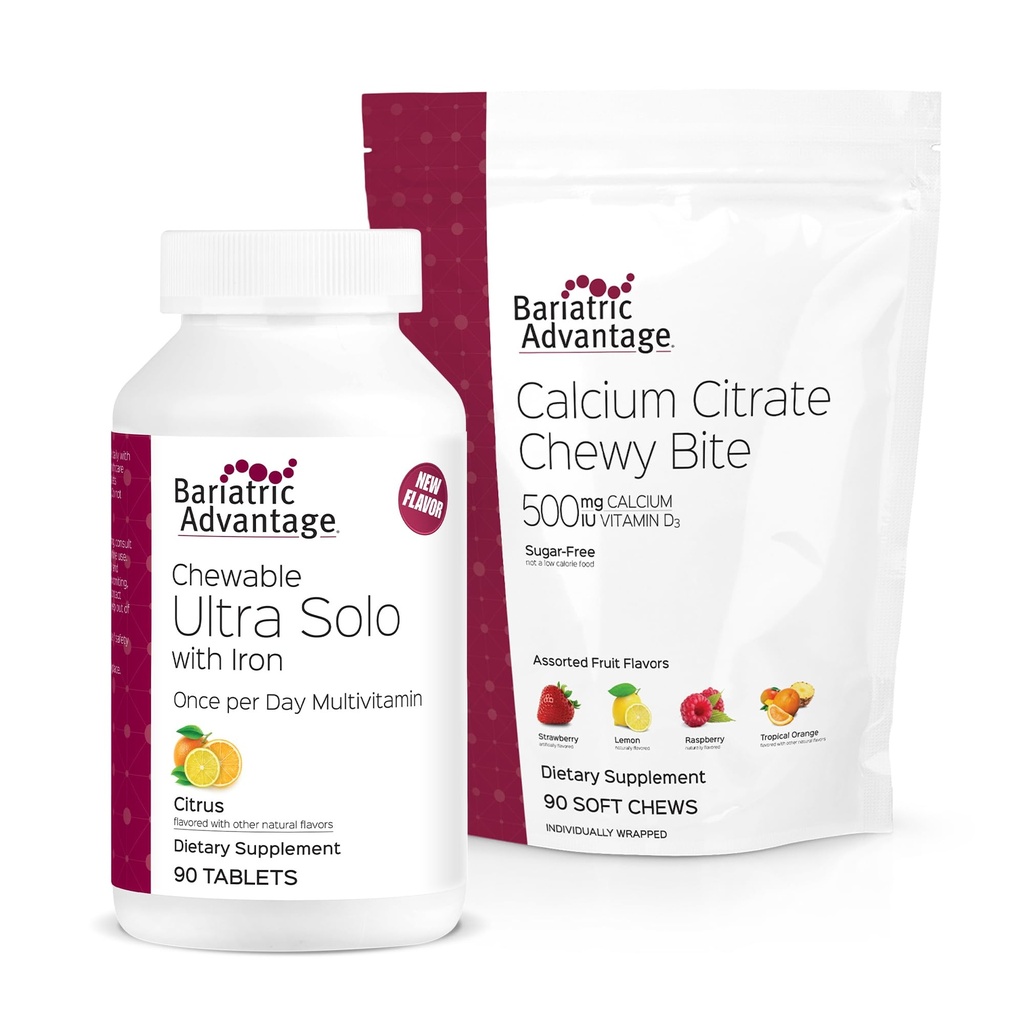 Bariatrik Avantajı Demir ile Ultra Solo - Citrus, 30 Kont ve Kalsiyum Citrate Chewy Bites 500 mg - Assorted Fruit Flavor,90 Kont