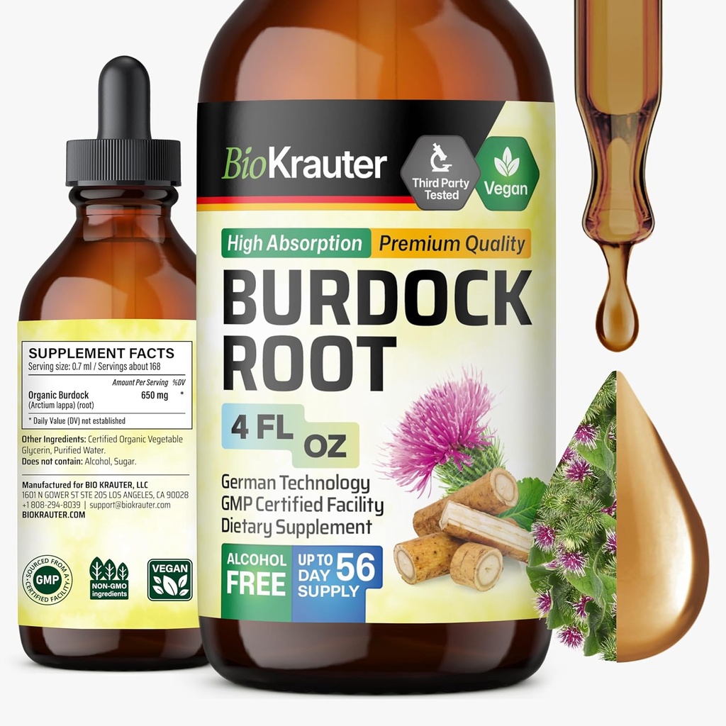BIO KRAUTER Burdock Root Tincture - Antioksi Support Liquid Supplement - Burdock Kökleri - Alkol ve Şeker Ücretsiz - Vegan 4 Fl.Oz.