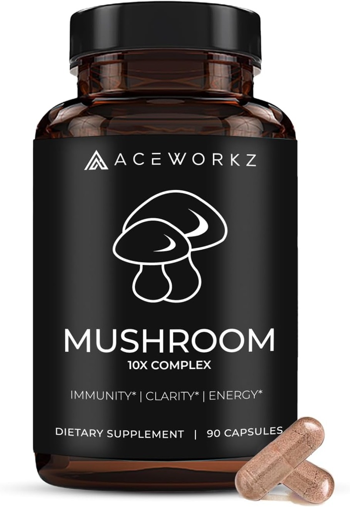 ACEWORKZ 10 Mushroom Kompleksi - Lion's Mane, Reishi, Cordyceps & More - Brain Health, Memory & Focus Nootropic - Energy & Immune Support (90 Capsules)