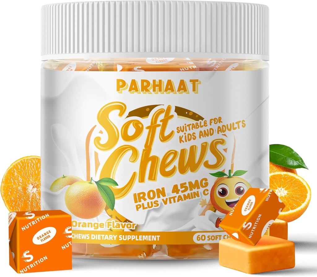 Demir Soft Chew Supplement ile C | Orange Flavored | Gluten Free | Kadın Erkek ve Çocuklar için Demir Supplement | 60 Kont | 2 Ay Supply