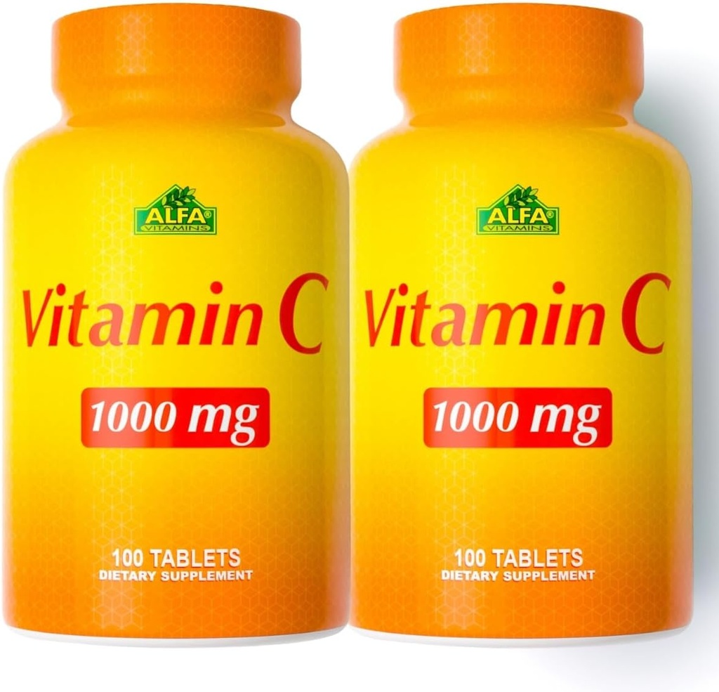 ALFA VITAMINS Vitamin C Supplement 1000 mg, Immune Support & Health Skin için Güçlü Antioksi, Collagen Formation, Diyetary Supplement for Daily Wellness, 100 Tablet, 2 Şişe Paketi,
