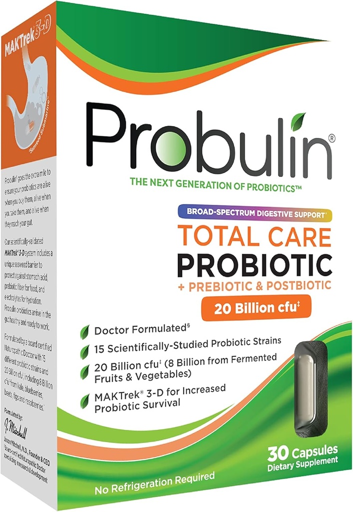 Probulin Total Care Probiotic Supplement, Daily Gut, Digestive, και Immune Health Probiotics Κάψουλες για άνδρες και γυναίκες, 20 δισεκατομμύρια CFU, Vegan, 30 Count Box