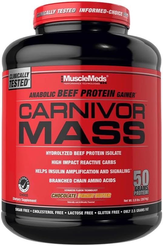 KasMeds CARNIVOR Mass Winer Beef Protein Isolate Shake, 50 Grams Protein, 125 Grams Carbs, 0 Fat, 0 Sugar, Lactose Free, Halal sertifikalı Çikolata, Peanut Butter, 6 Pound