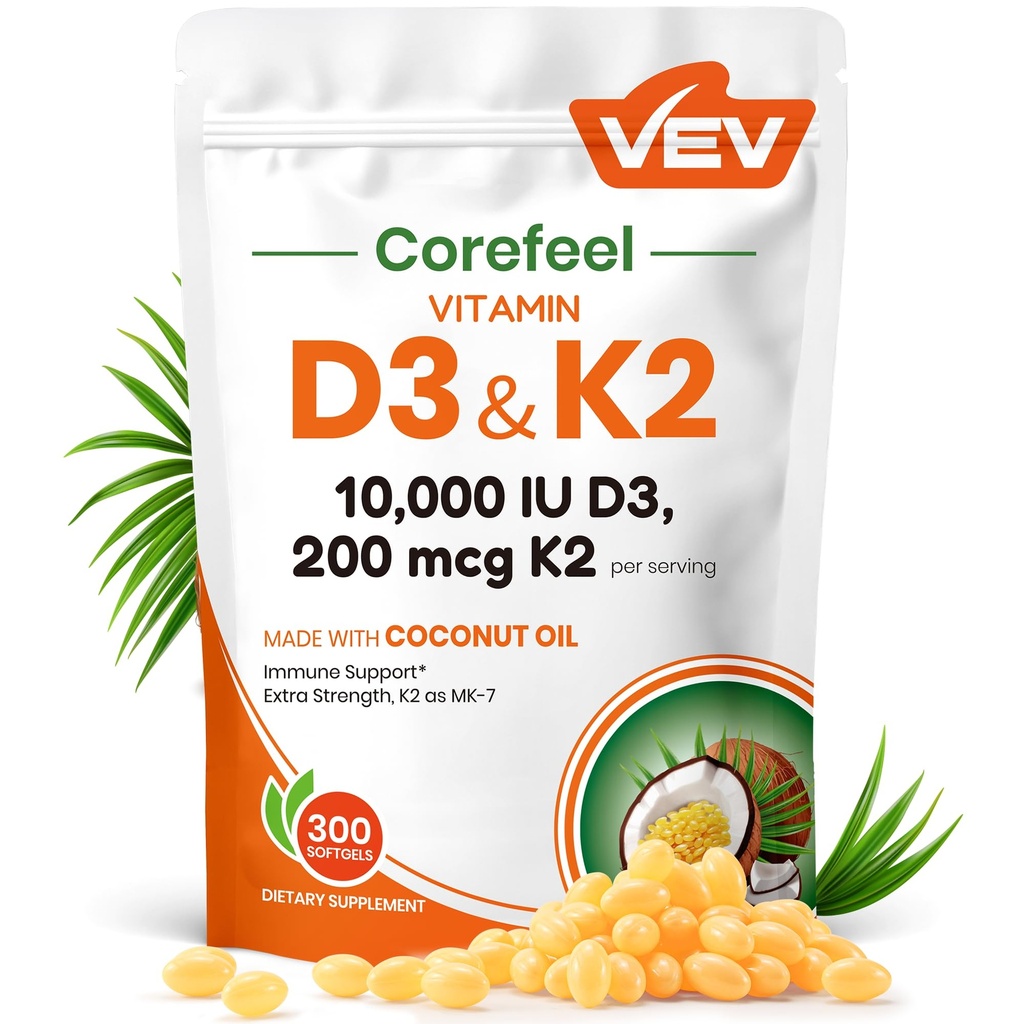 VEV Corefeel Vitamin D3 K2 10.000 IU, 200 mcg MK-7, 300 Coconut Oil Softgels, 1 Vitamini Tamam D & K (Include MK7), Swallow'a kolay destek, destekler, Bone Health