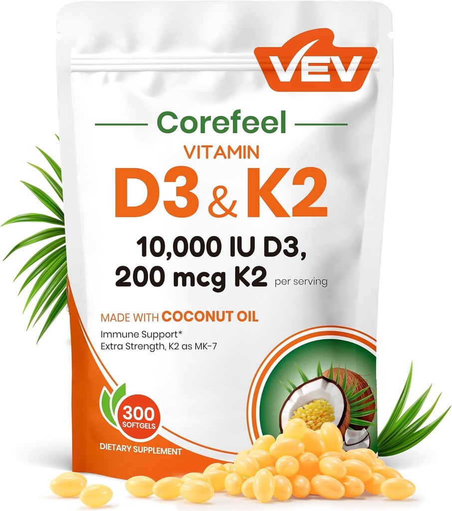 VEV Corefeel Vitamin D3 K2 10.000 IU, 200 mcg MK-7, 300 Coconut Oil Softgels, 1 Vitamini Tamam D & K (Include MK7), Swallow'a kolay destek, destekler, Bone Health