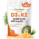 VEV Corefeel Βιταμίνη D3 K2 10.000 IU, 200 mcg MK-7, 300 Coconut Oil Softgels, 2 σε 1 Συμπλήρωμα Βιταμινών D & K (Περιλάβετε MK7), Εύκολη κατάποση, Υποστηρίζει την απορρόφηση ασβεστίου, την υγεία των οστών