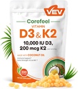 VEV Corefeel Vitamin D3 K2 10.000 IU, 200 mcg MK-7, 300 Coconut Oil Softgels, 1 Vitamini Tamam D & K (Include MK7), Swallow'a kolay destek, destekler, Bone Health