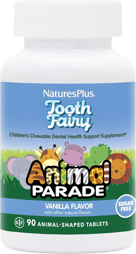 Natures Plus Animal Parade Tooth Peri Children's Chewables - Natural Vanilla Flavor - 90 Animal-Shaped Tabletler - Diş Sağlığı Tamam - Vejetary, Gluten Free - 45 Hizmet