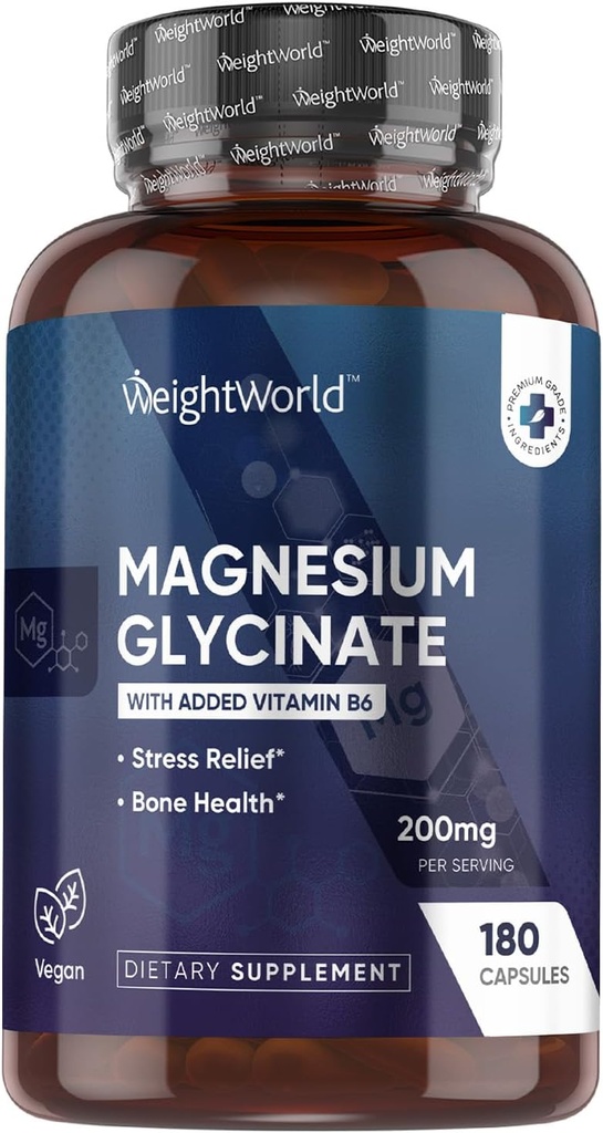 KiloWorld Magnezyum Glycinate Capsules 200 mg - 180 Capsules (3 Ay) B6 - Bio available Magnezyum Glycinate Supplements - Third-Party Tested, Vegan, Non-GMO, & Allergen-Free-Free