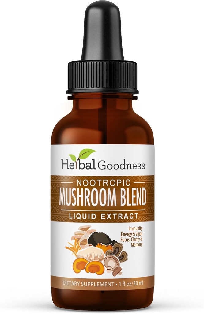 Nootropic 8-in-1 Mushroom Extract Liquid - 1 fl. oz Şişe | Lion's Mane, Reishi, Türkiye Tail, Cordyceps, Chaga, Maitake, Shiitake & Oyster Mushroom Tincture | Immune Support & Cognitive Function