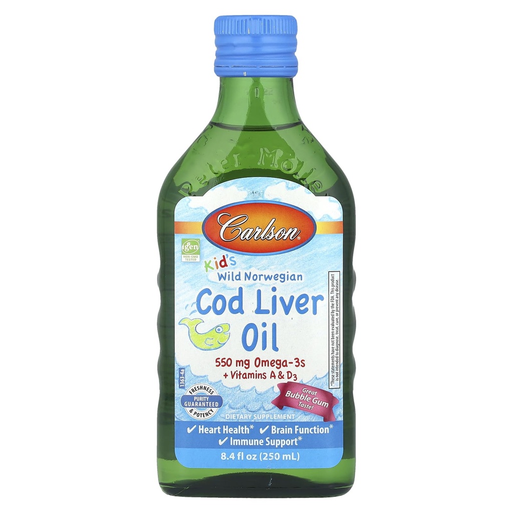 Carlson Kid's Wild Norveç, Cod Liver Oil + Vitamins A & D3, Gum, 8.4 fl oz (250 ml)