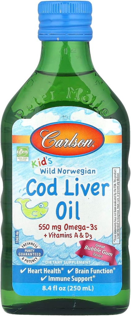 Carlson Kid's Wild Norveç, Cod Liver Oil + Vitamins A & D3, Gum, 8.4 fl oz (250 ml)