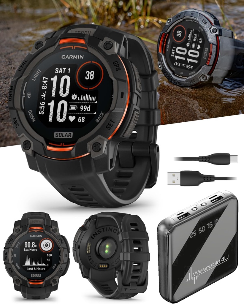 Wearable4U Garmin Instinct 3 Solar 45 mm, Rugged Açık GPS Smartwatch, Metal-Reinforced Bezel, Built-in Flashlight, Up to 28 Days of Battery Life, Black Band Sche