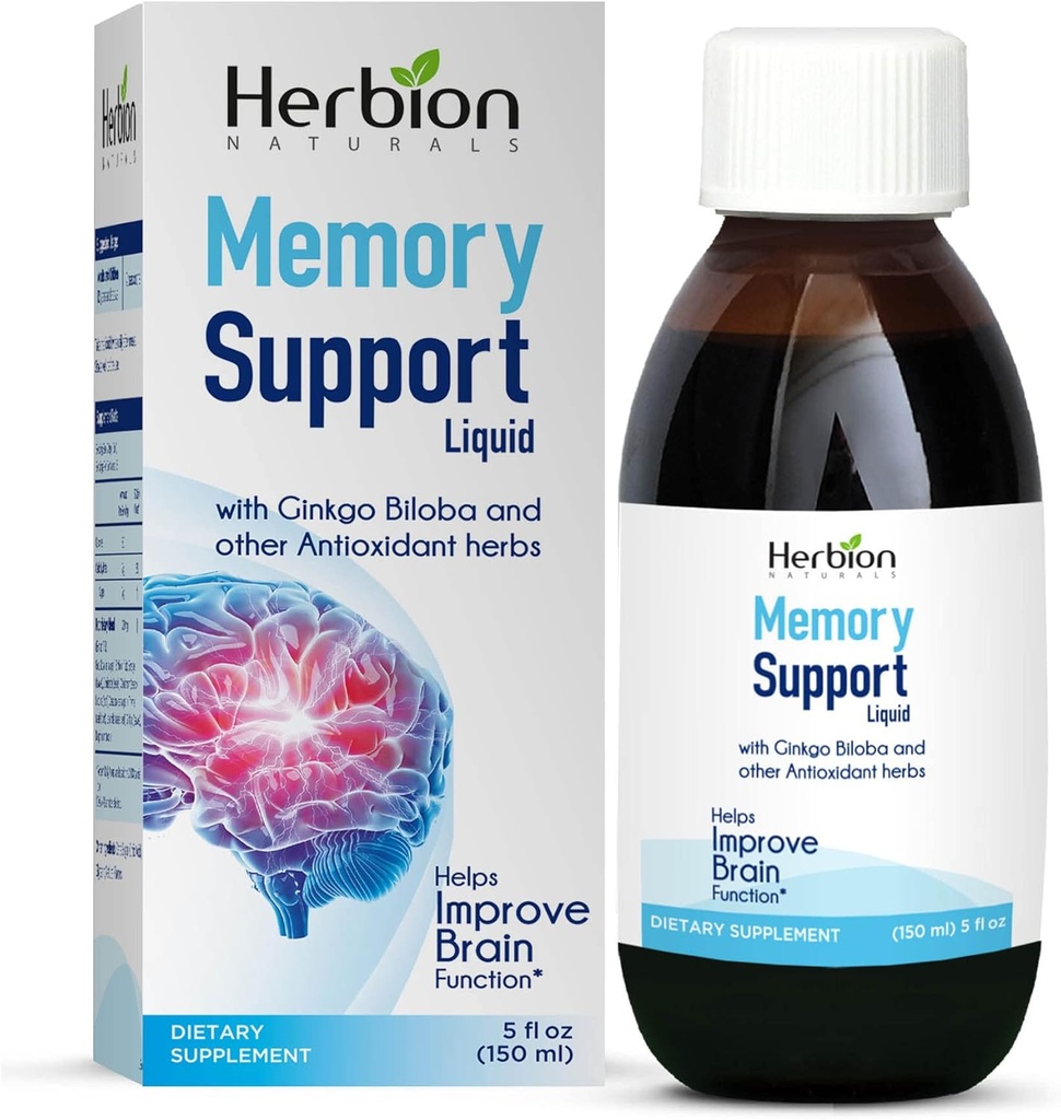 HERBION Naturals Memory Support Liquid - Βοηθά στη βελτίωση της εγκεφαλικής λειτουργίας και της απούσας διάνοιας, διατηρεί υγιή επίπεδα διάθεσης με Ginkgo Biloba, ενήλικες και παιδιά άνω των 12 ετών, 5 fl oz, 150 ml