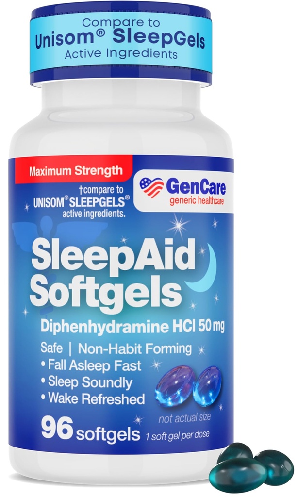 GenCare maximum Strength Nighttime Sleep Aid Supplement for Yetişkinler Deep Sleep Pills with Diphenhydramine HCl 50mg to Fall Asleep Faster- Strong Non-Habit Form PM Sleep Relief [96 Softgels]