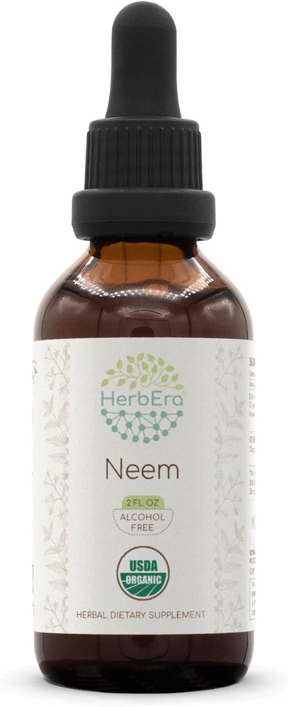 HerbEra Neem B60 Alkol-Free Herbal Extract Tincture, Tempd Liquid Drops Natural USDA Organic (Azadirachta Indica) 2 fl oz)